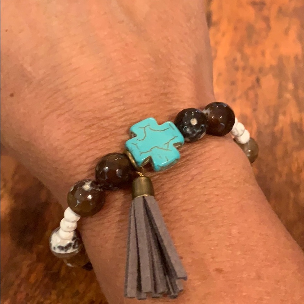 Brown Marbled Bracelet with Turquoise Cross